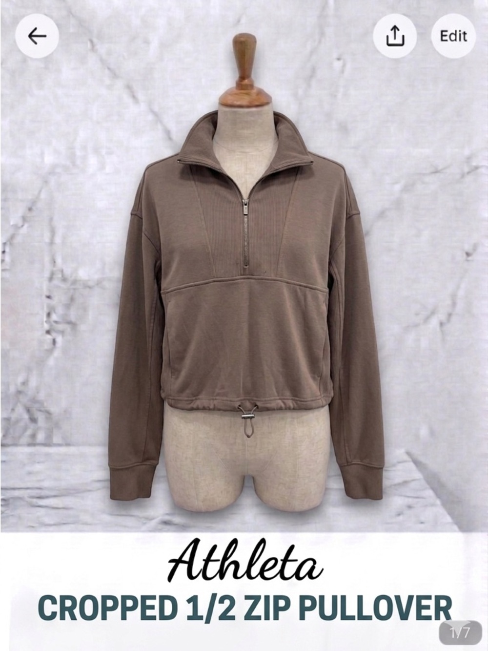 Athleta Cropped 1/2 zip Pullover with ribbed accents and drawstring waist Sz XXS